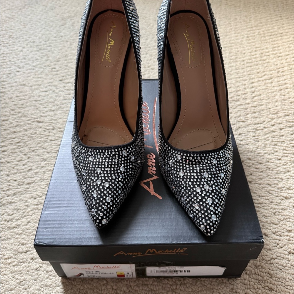 Anne Michelle Black Crystal-Studded Pointed Toe Pumps